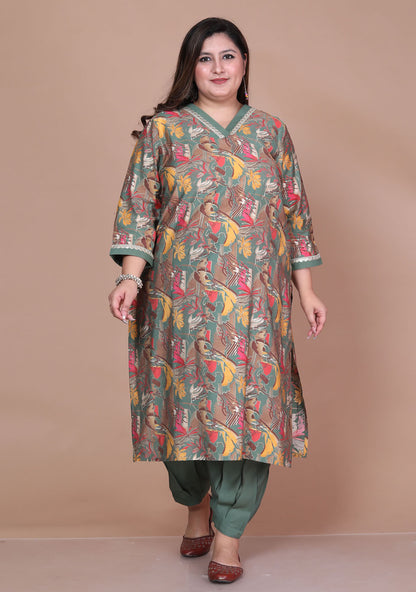 Green V Neck Printed Kurta Set With Embroidery