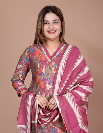 Pink V Neck Printed Kurta Set With Embroidery