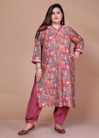 Pink V Neck Printed Kurta Set With Embroidery
