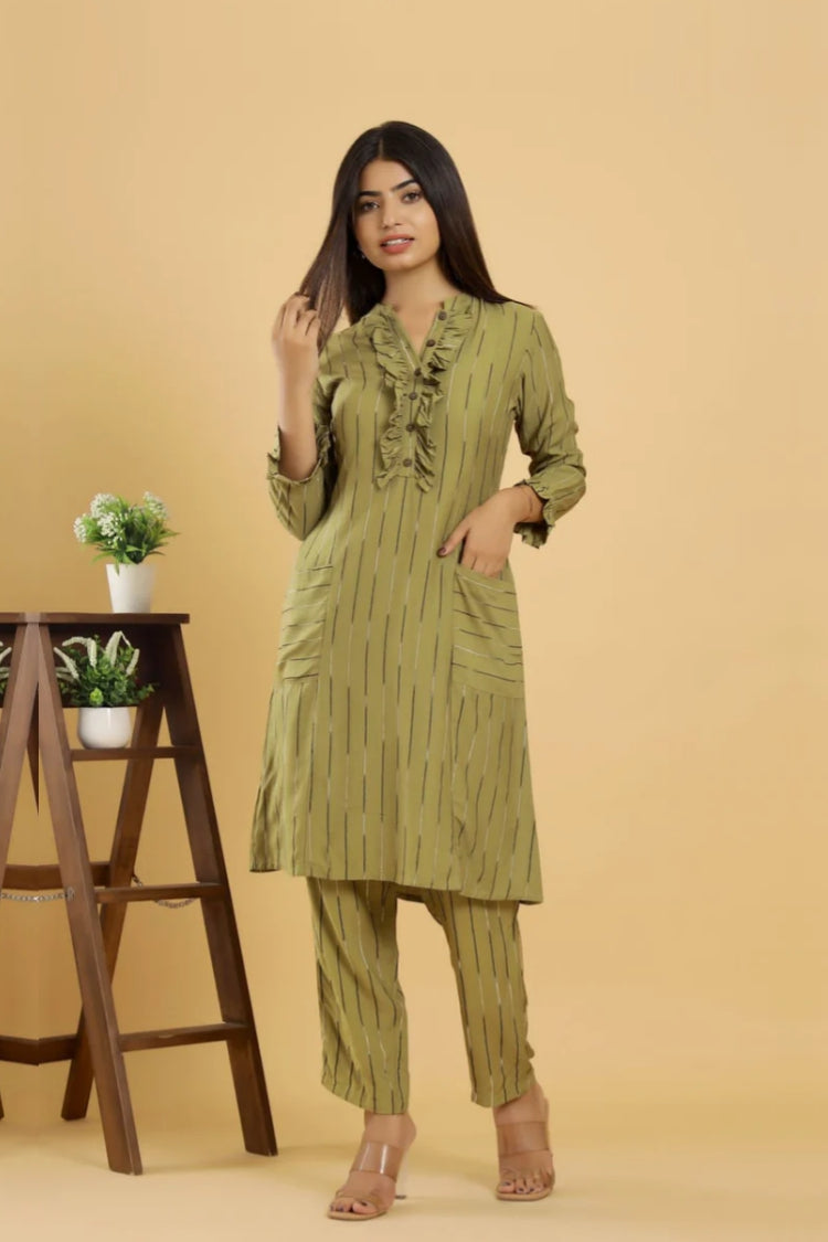 Striped Casual Olive Green Co-ord Set