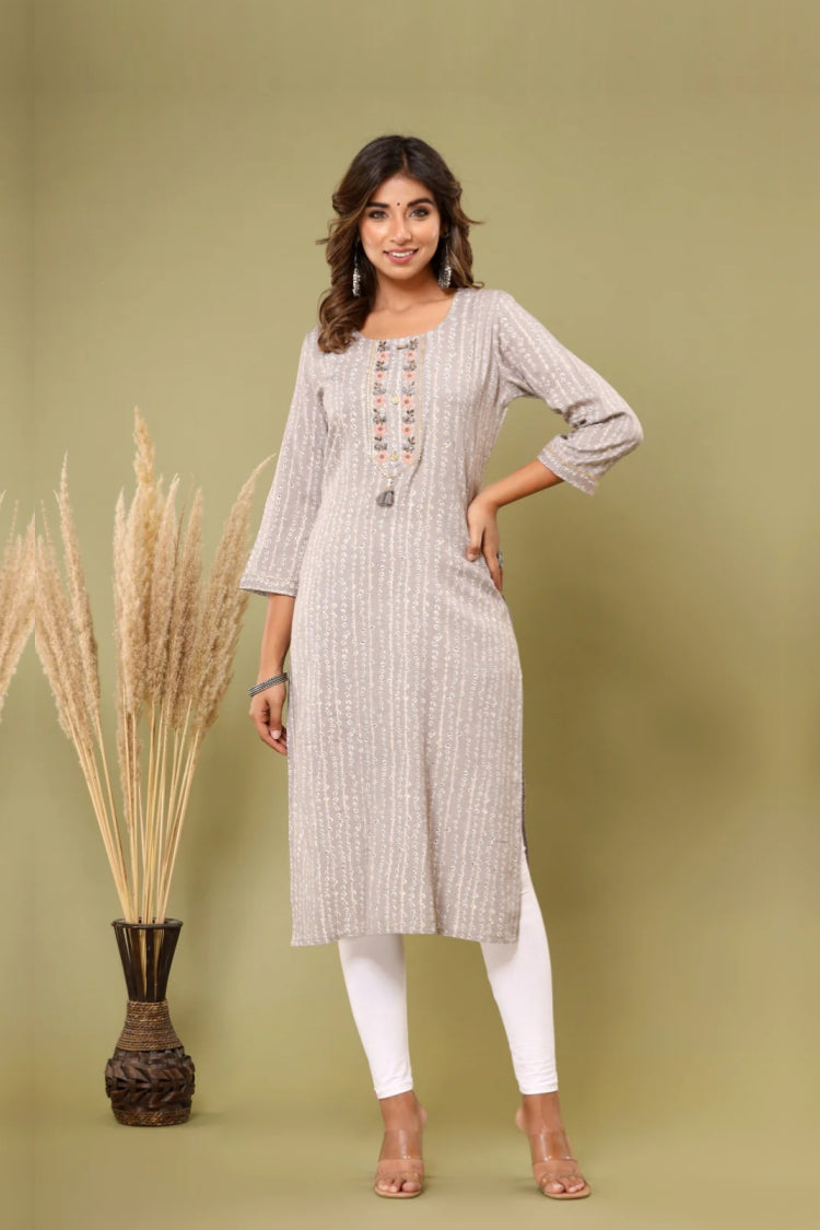 Grey Printed Round Neck Kurta