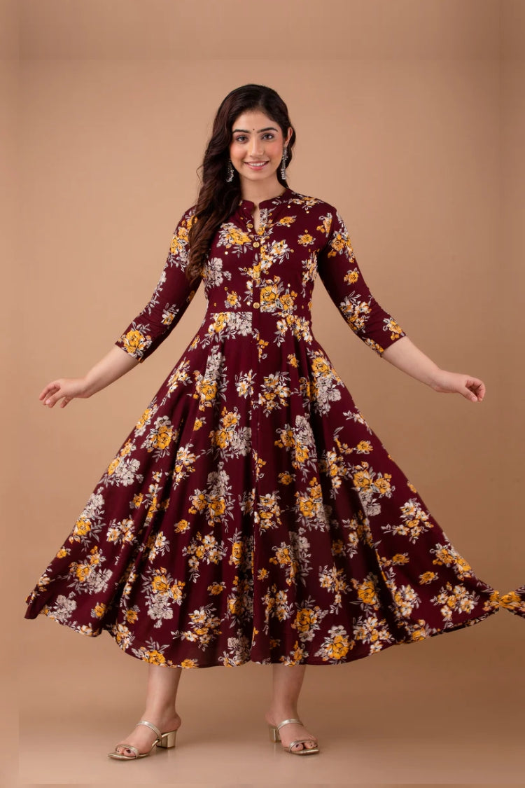 Plus Size Maroon Printed Gown