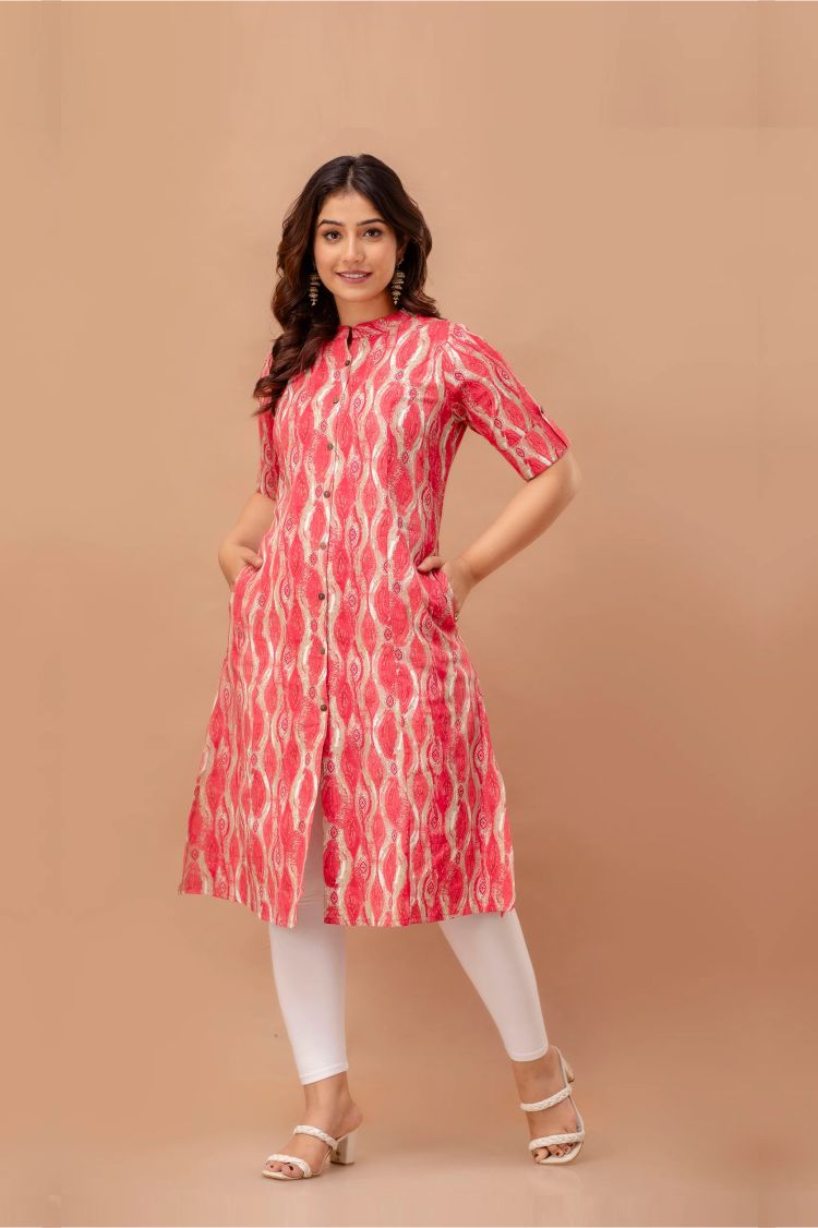 Casual Red Printed Kurta With Pockets