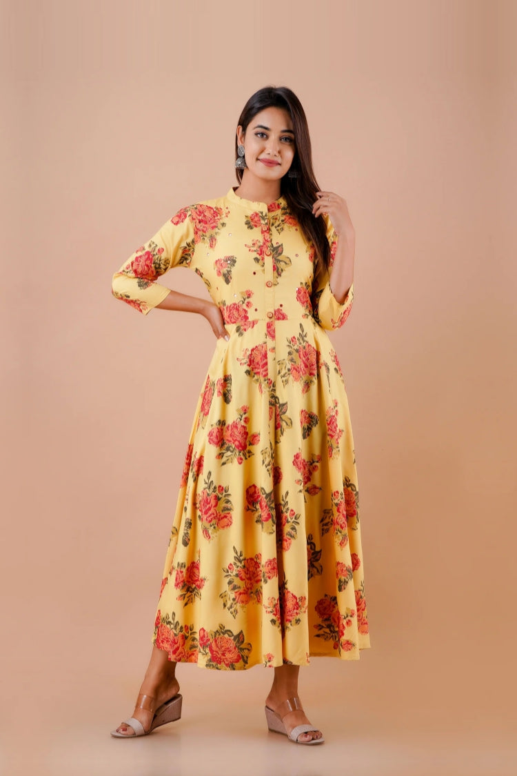 Plus Size Yellow Printed Gown