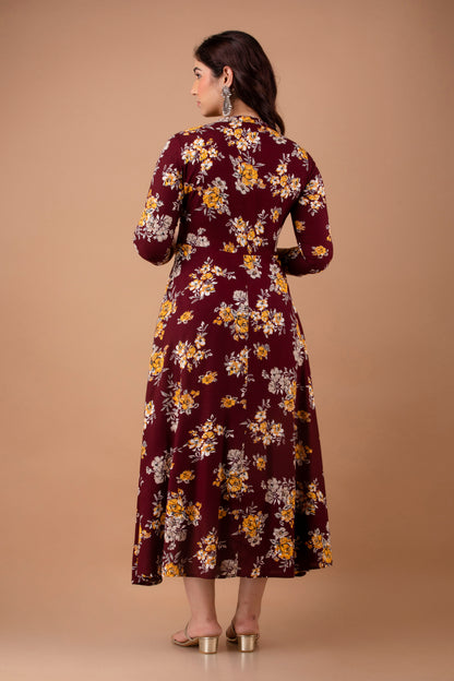 Plus Size Maroon Printed Gown