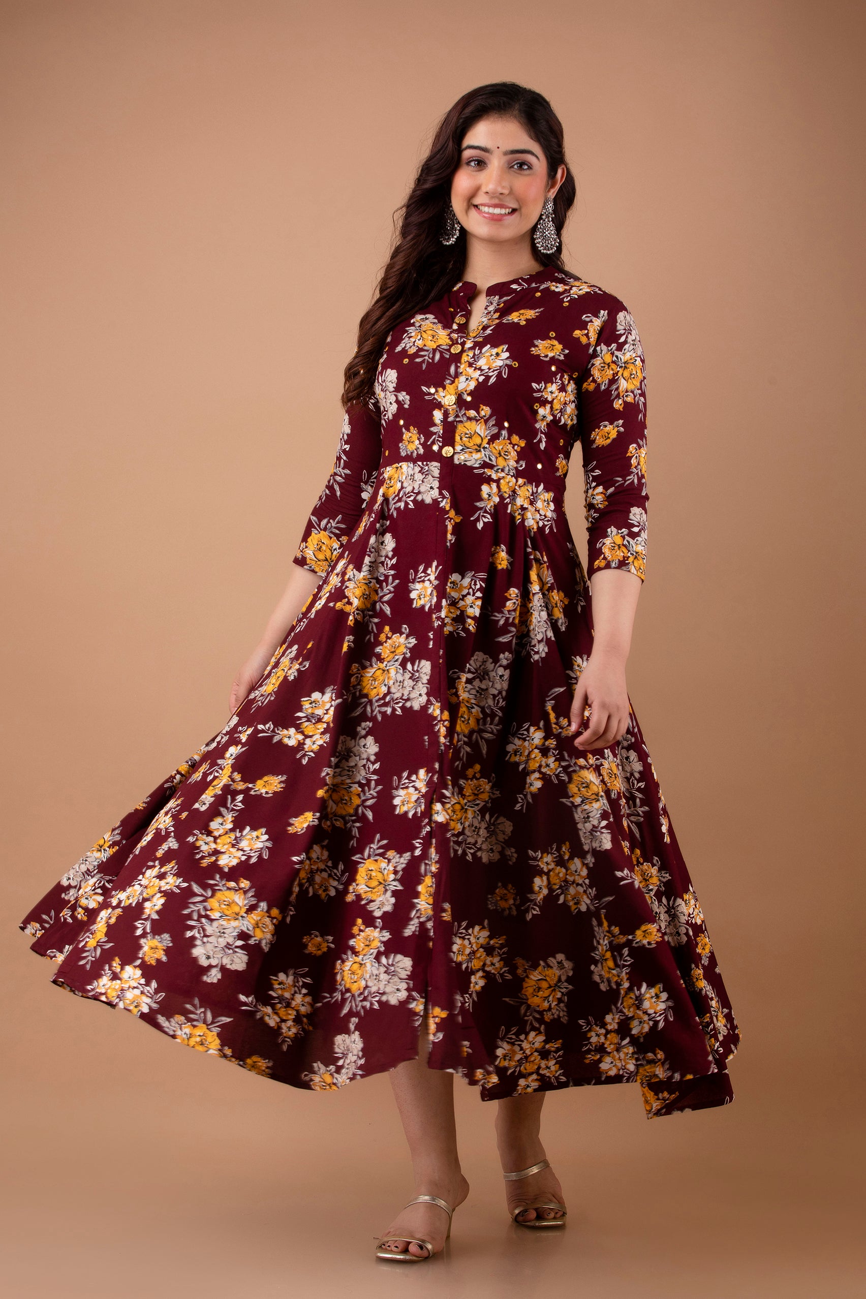 Plus Size Maroon Printed Gown