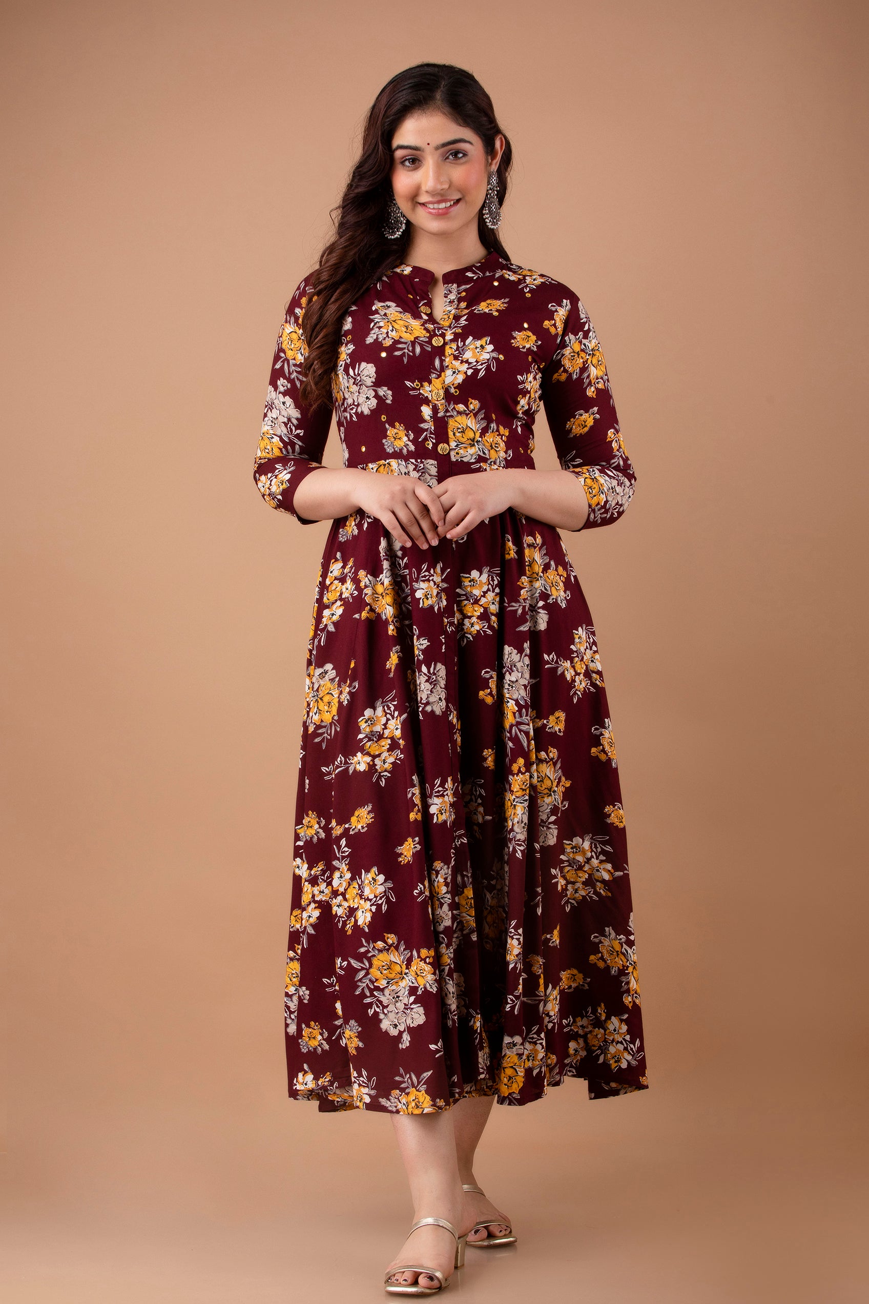 Plus Size Maroon Printed Gown