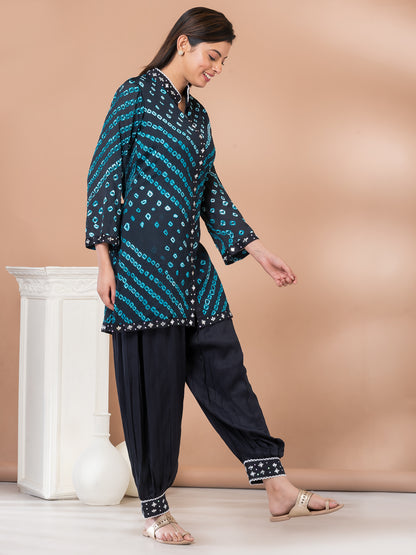 Black and Blue Bandhej Co-ord Set With Afghani Pant