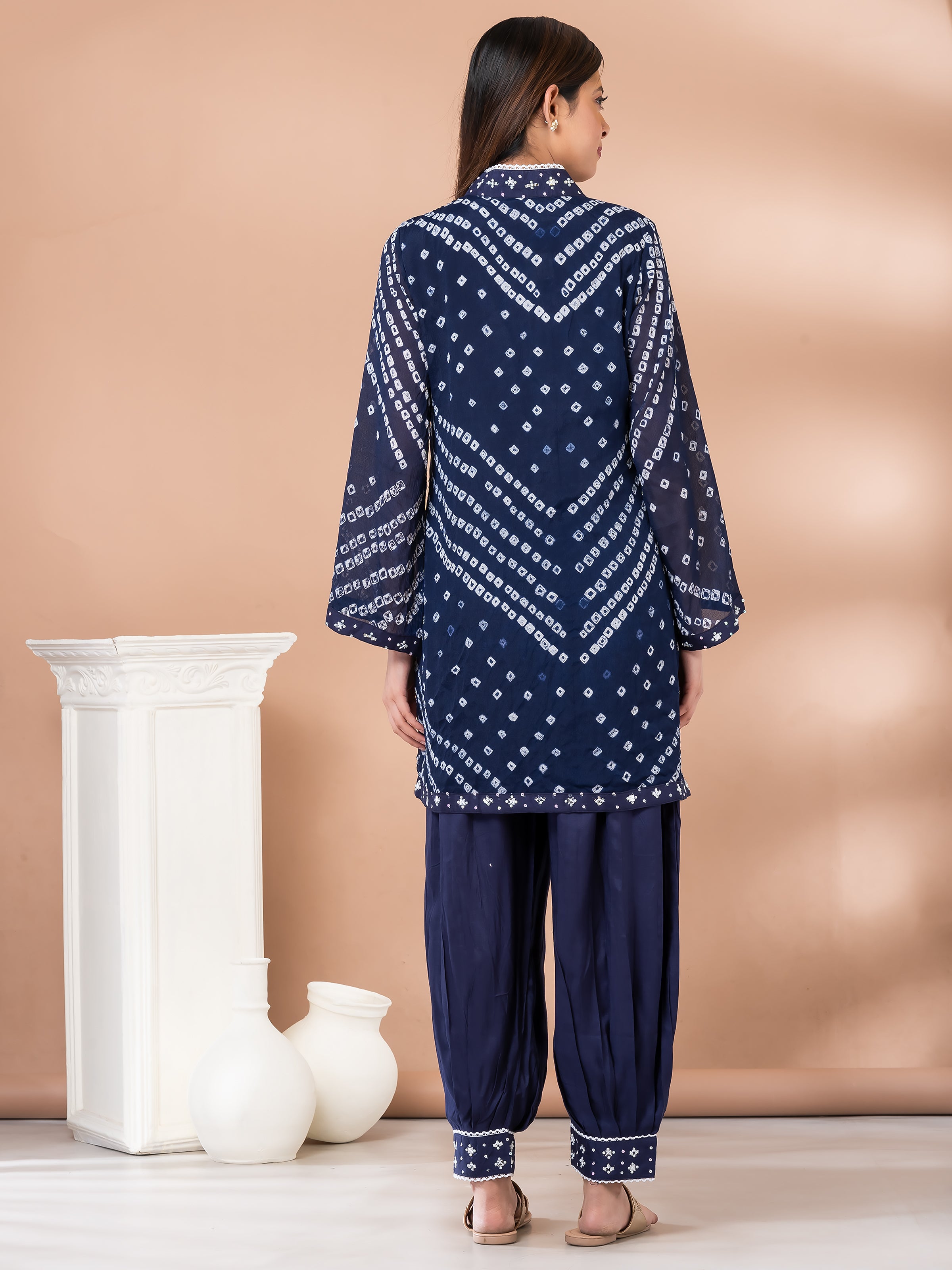 Trendy Royal Blue Bandhej Co-ord Set With Afghani Pant