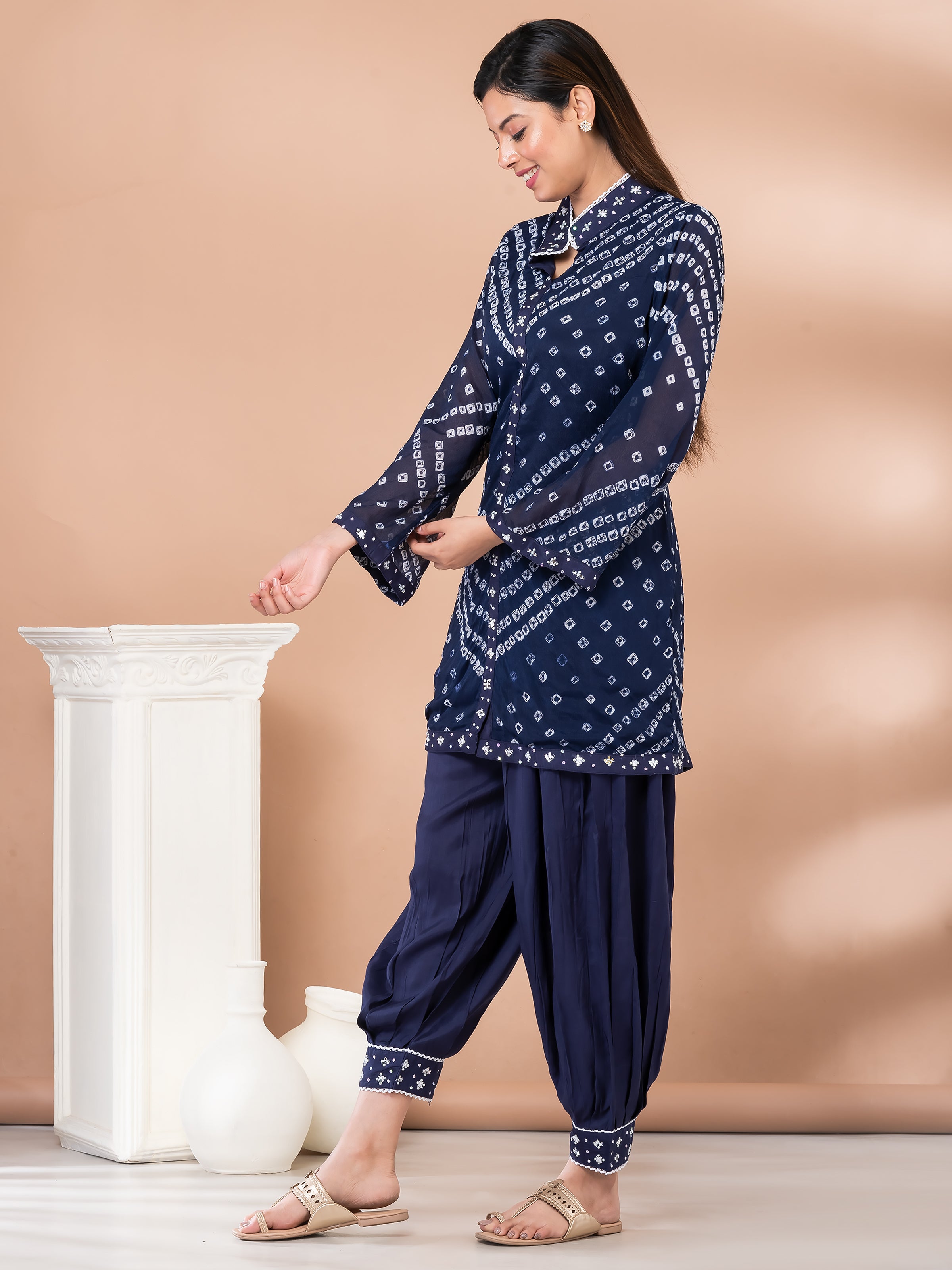 Trendy Royal Blue Bandhej Co-ord Set With Afghani Pant