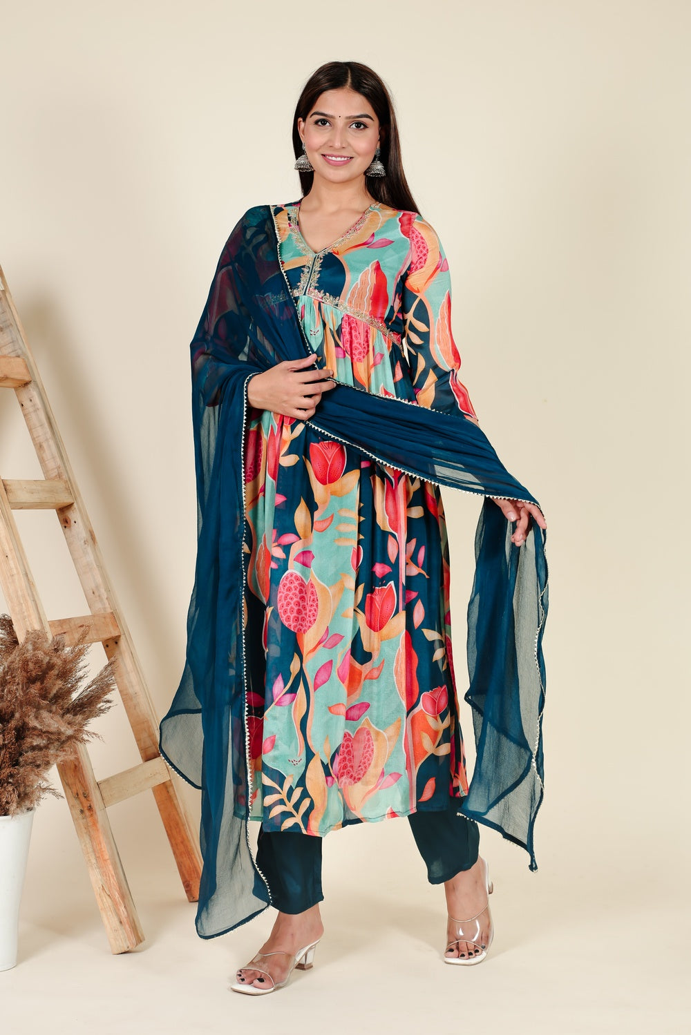 Alia Cut Printed Suit Set with Embroidery