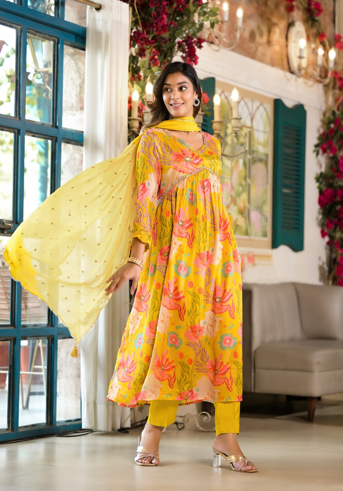 Yellow Alia Cut Printed Suit Set with Lace and Full Lining