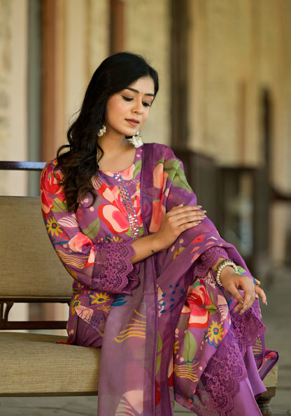Playful Abstract Print Kurta Set with Mirror Work and Lace