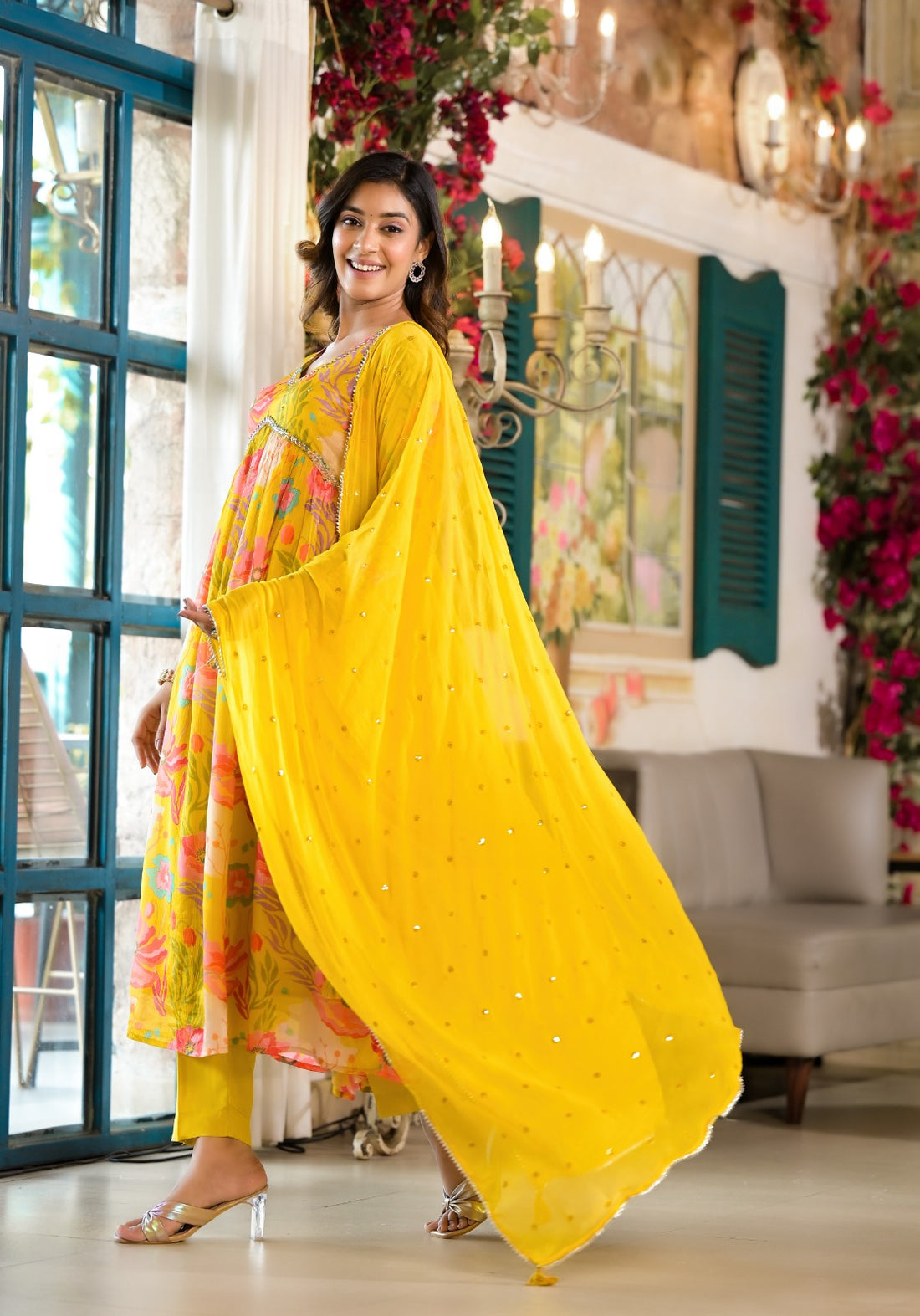 Yellow Alia Cut Printed Suit Set with Lace and Full Lining