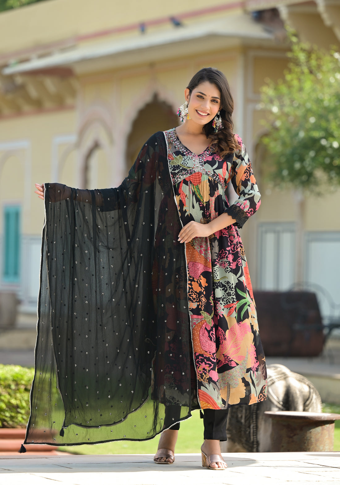 Black Alia Cut Printed Suit Set with Lace and Full Lining