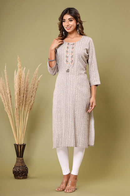 Grey Printed Round Neck Kurta