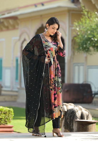 Black Alia Cut Printed Suit Set with Lace and Full Lining