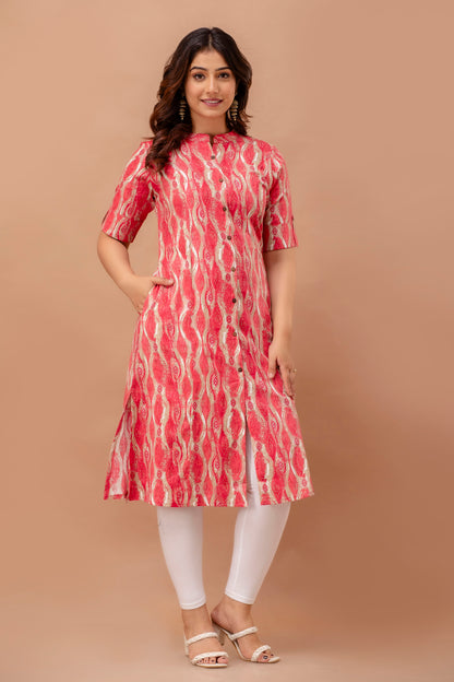 Casual Red Printed Kurta With Pockets