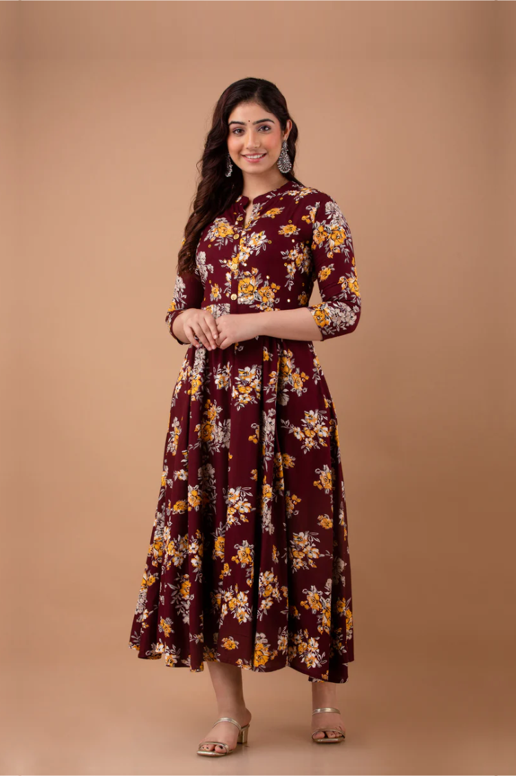 Plus Size Maroon Printed Gown