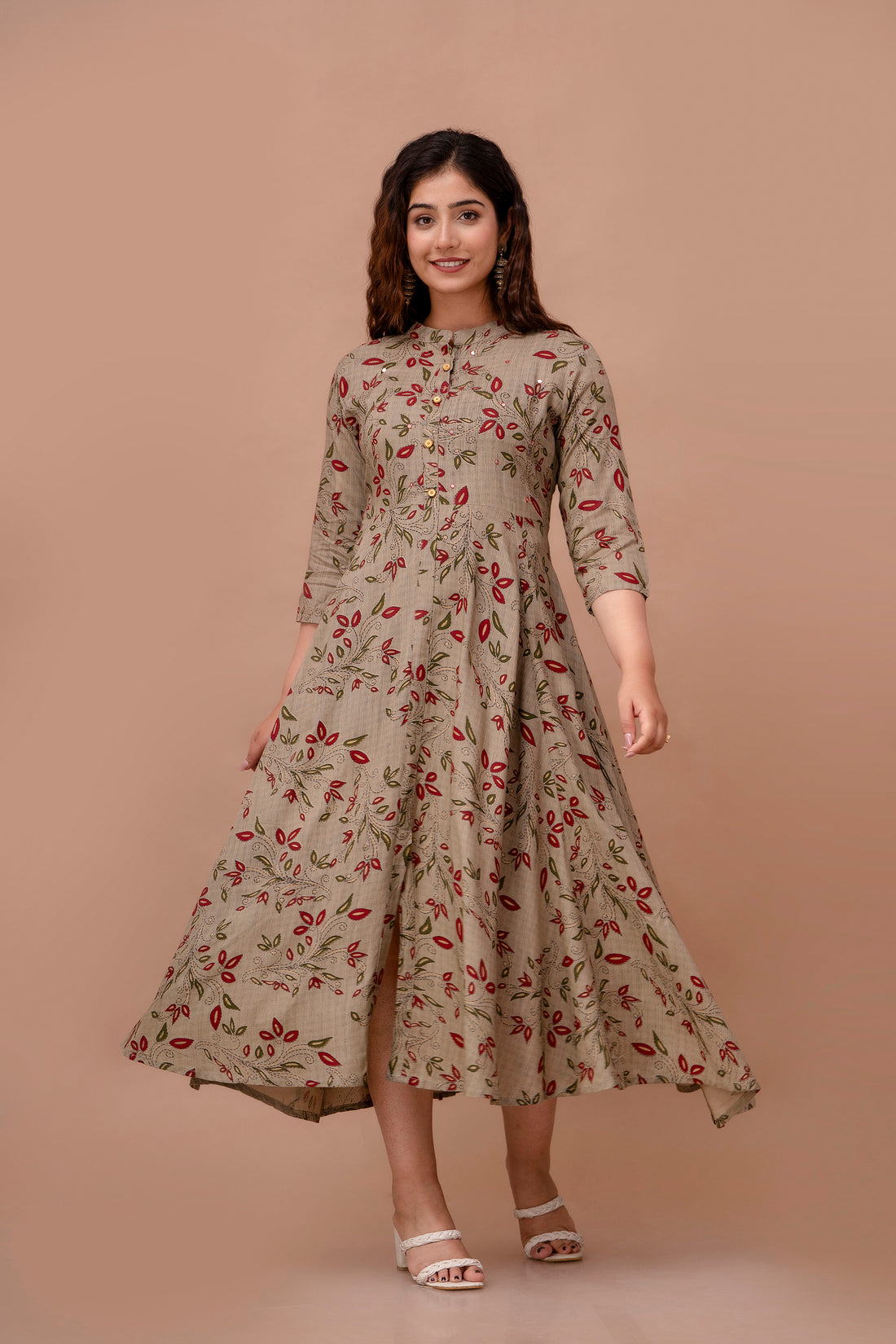 Earthy Cotton Flared Gown With Mirror