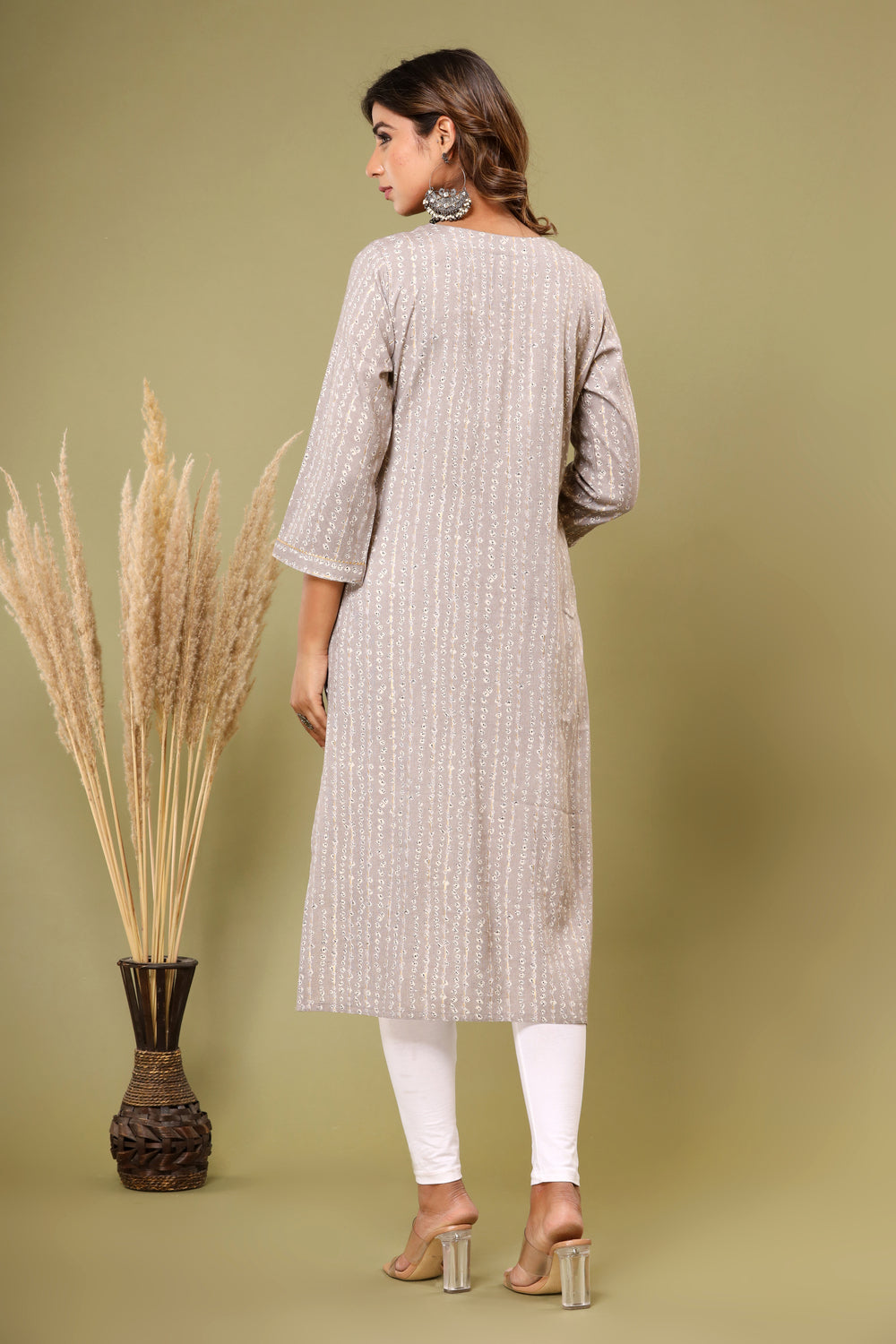 Grey Printed Round Neck Kurta