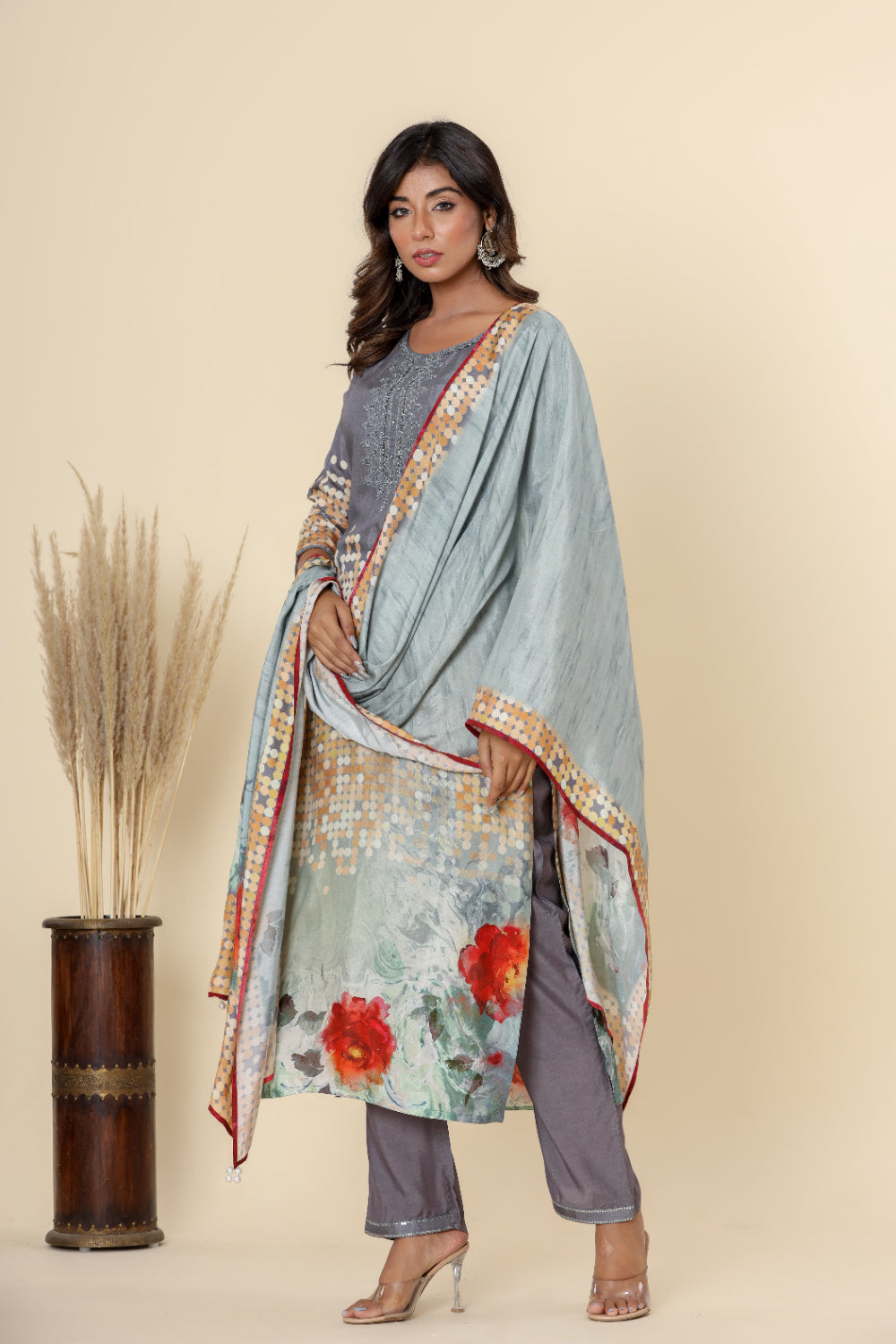 Grey Digital Print Straight Kurta Set