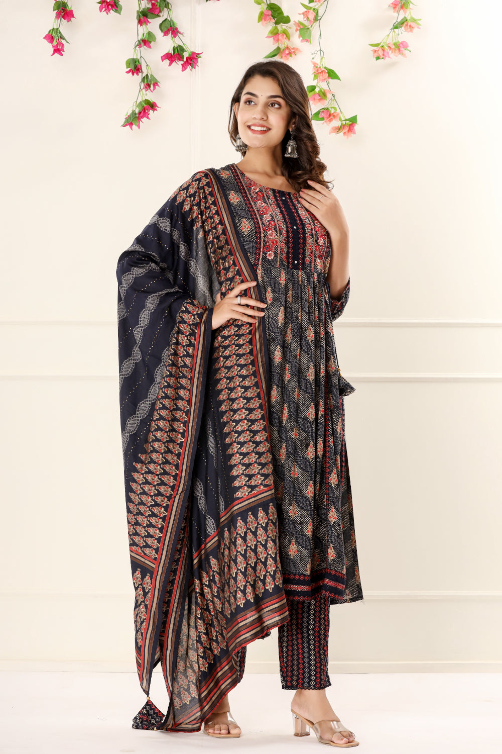 Navy Blue Nyra Cut Straight Kurta Set With Embroidery