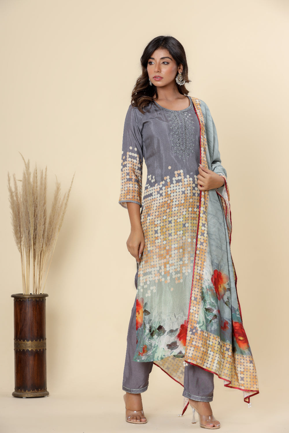 Grey Digital Print Straight Kurta Set