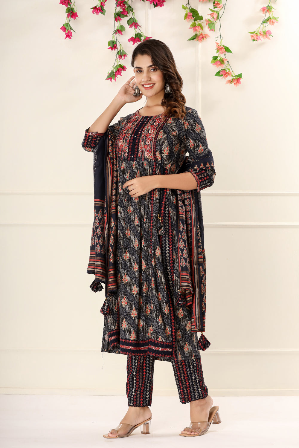 Navy Blue Nyra Cut Straight Kurta Set With Embroidery