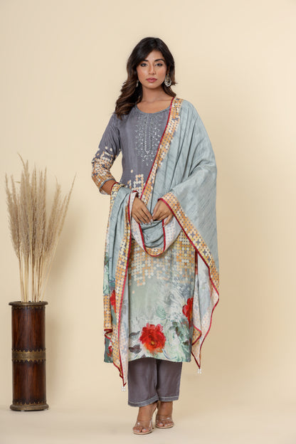 Grey Digital Print Straight Kurta Set