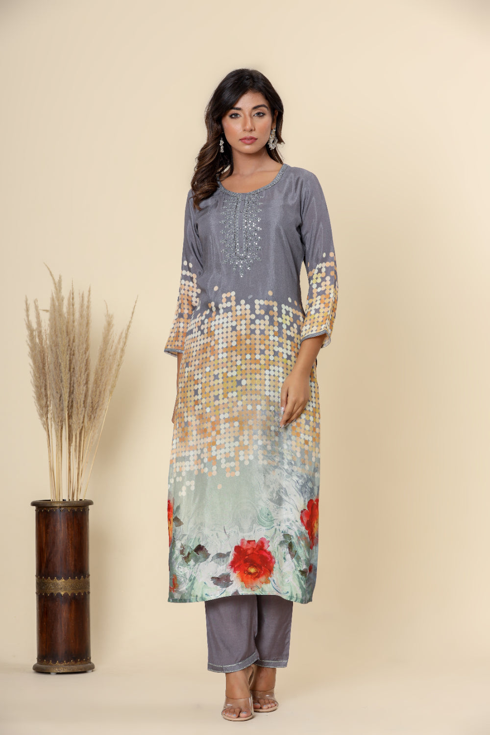 Grey Digital Print Straight Kurta Set