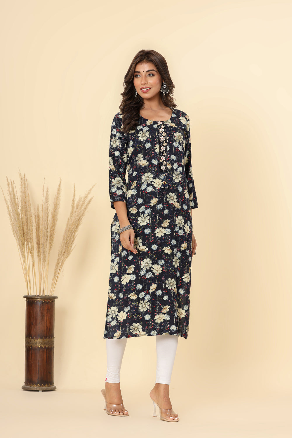 Navy Blue Straight Printed Kurta