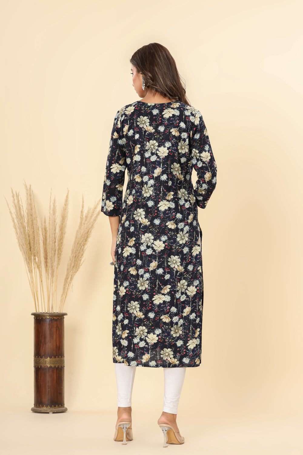 Navy Blue Straight Printed Kurta