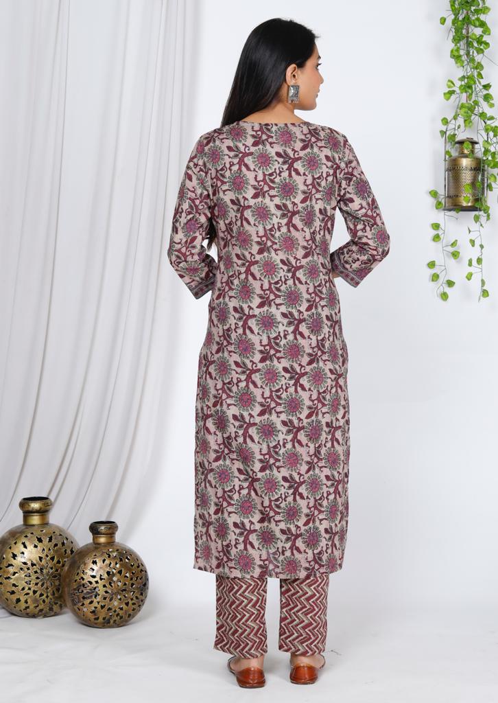 Bagru Print Cotton Kurta Set with Contrast Dupatta