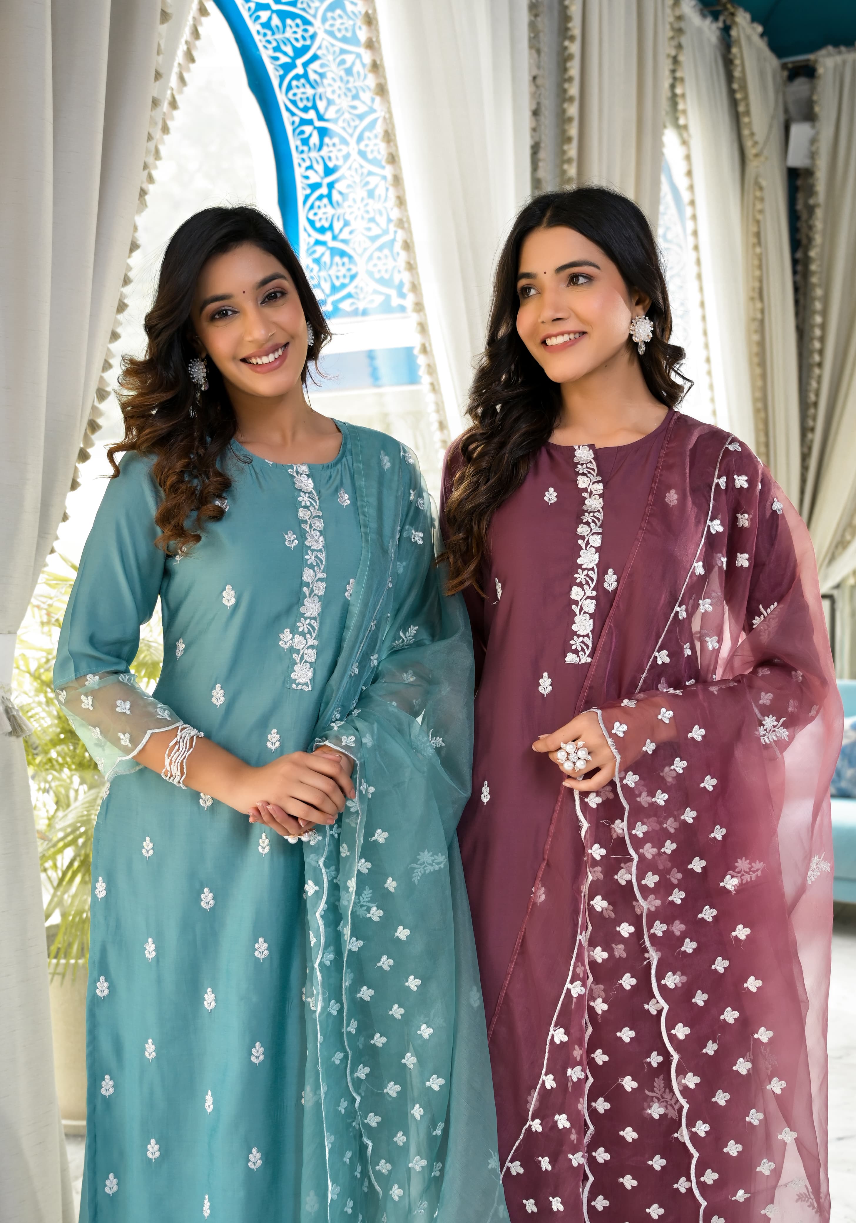 Solid Kurta Set with Subtle Suta Work and Organza Dupatta