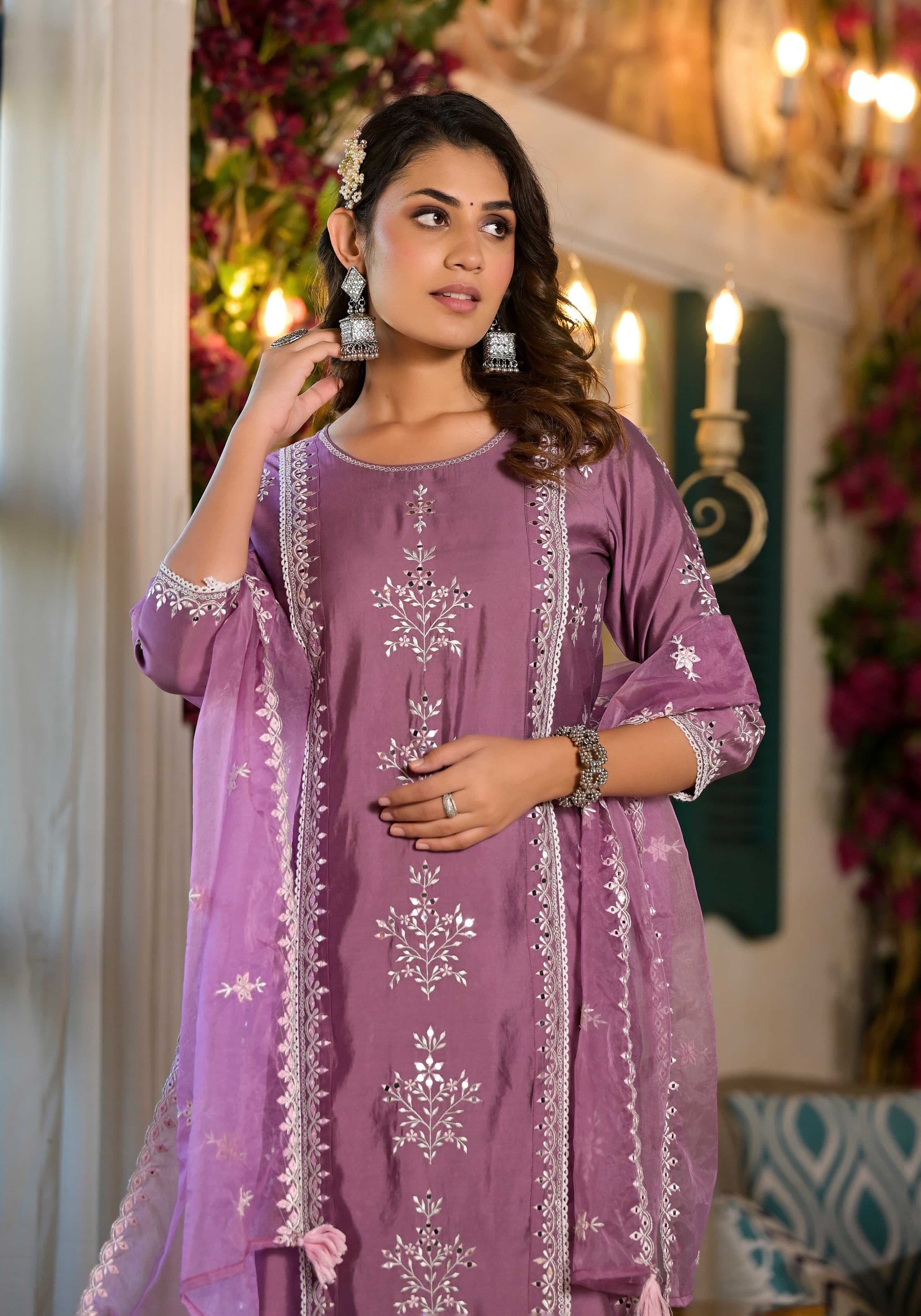 Pakistani Suit Set with Thread and Mirror work and Organza Dupatta