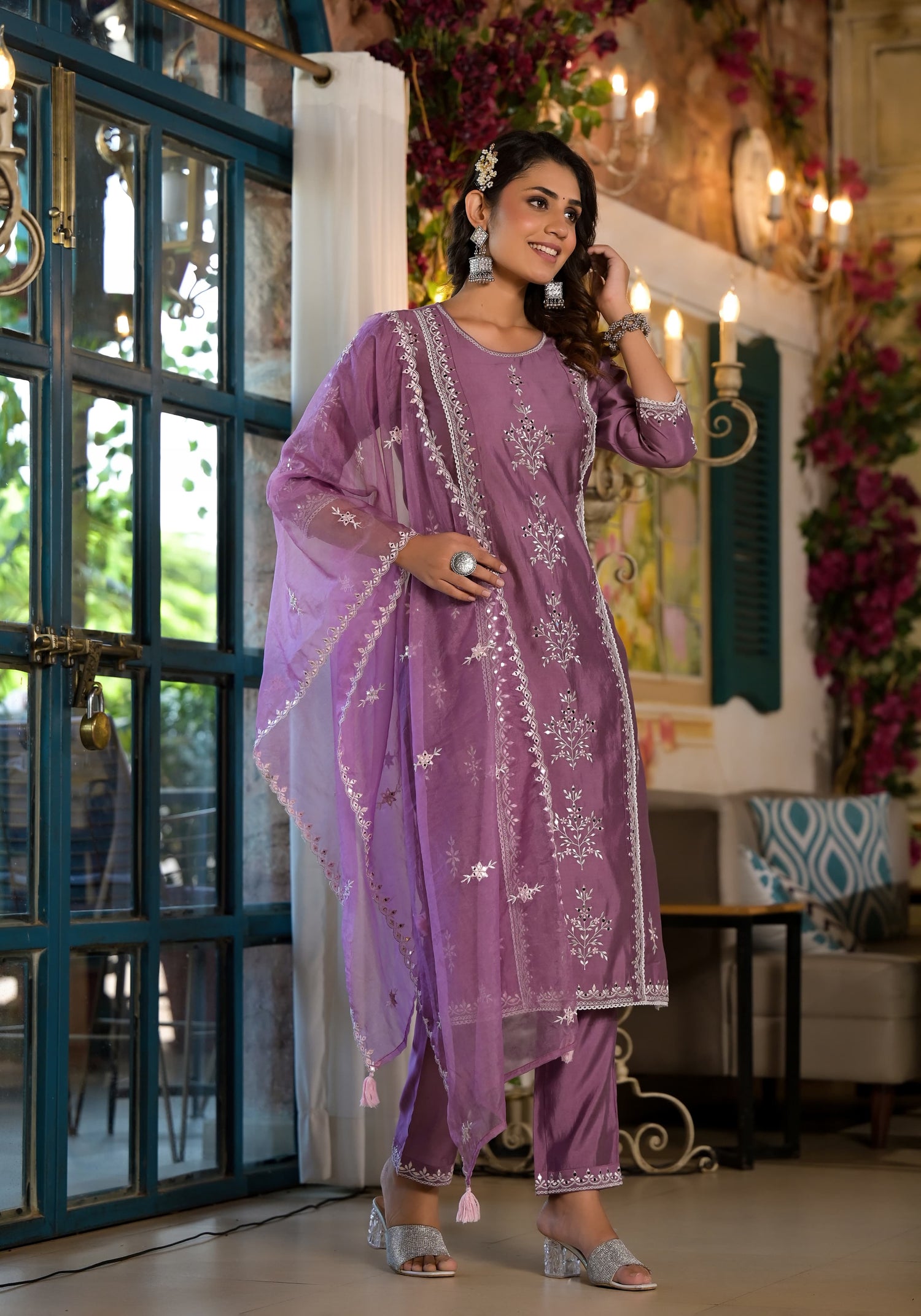 Pakistani Suit Set with Thread and Mirror work and Organza Dupatta